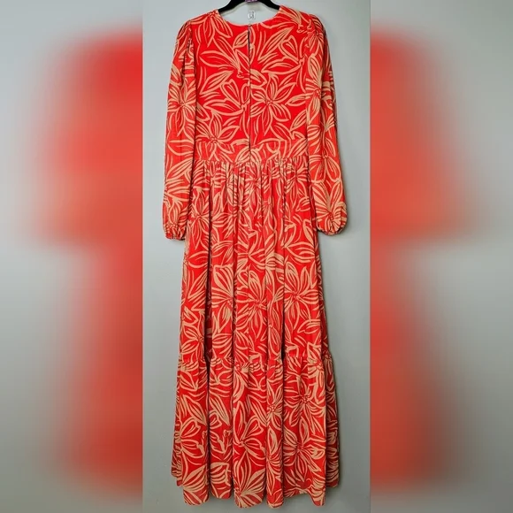 TOCCIN x RTR Women's Long-Sleeve V-Neck Printed Maxi Dress, Orange Tan Floral, 8 - Picture 12 of 17